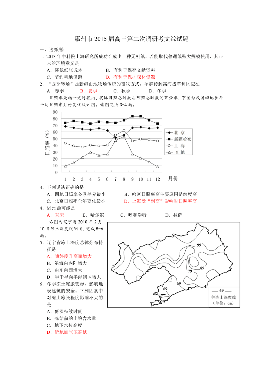 广东省惠州市2015届高三第二次调研考试（地理）