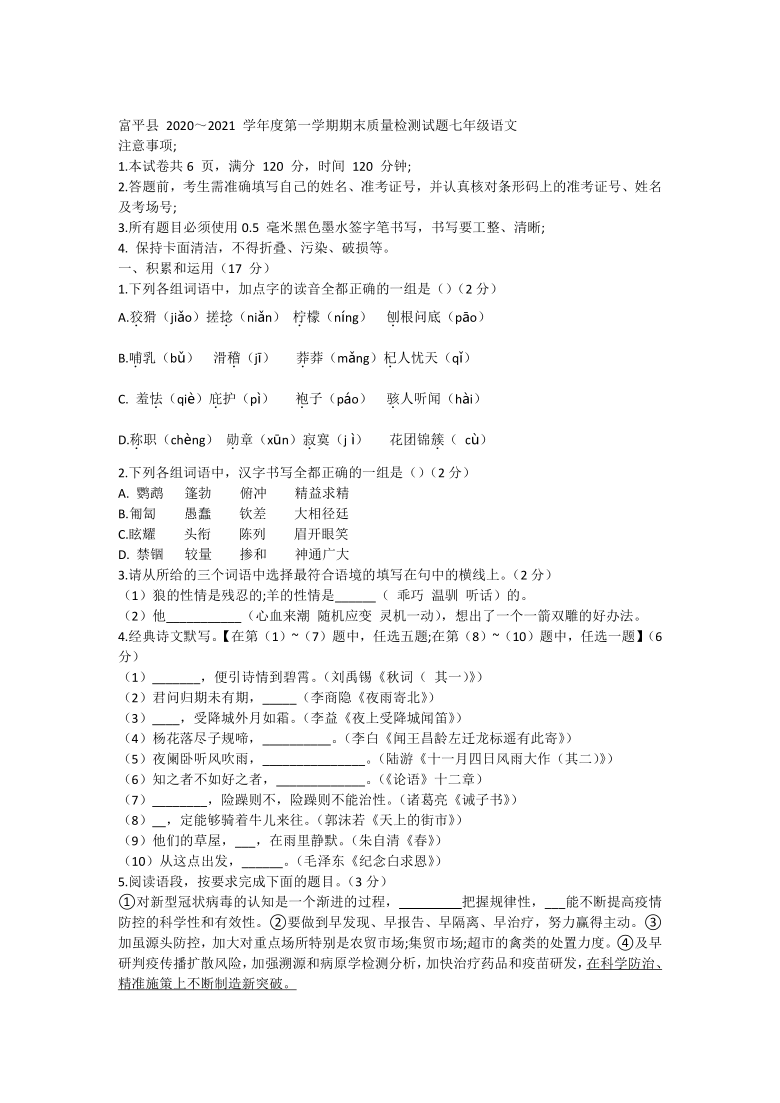 陕西省渭南市富平县2020-2021学年七年级上学期期末考试语文试题（含答案）