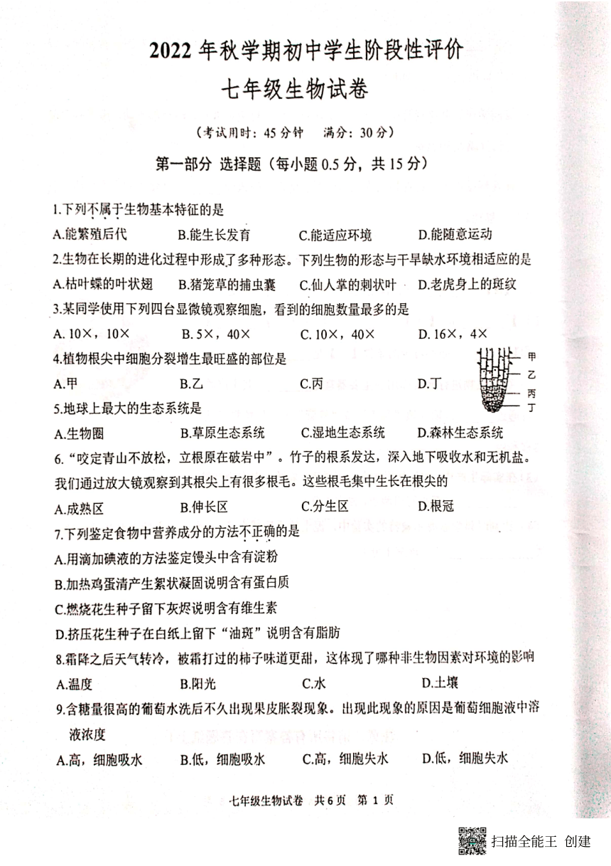 江苏省兴化市大垛中心校2022-2023学年第一学期七年级生物期中试卷（图片版，无答案）
