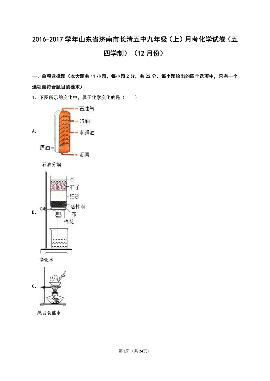 山东省济南市长清五中2016-2017学年九年级（上）月考化学试卷（五四学制）（12月份）（解析版）