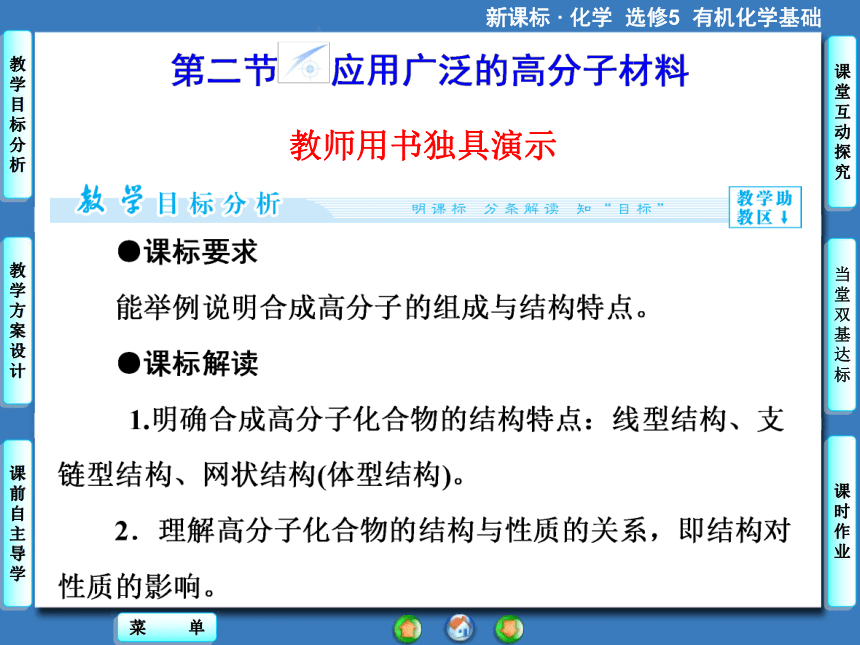 【课堂新坐标】（教师用书独具）2014年高中化学选修五课件【教学目标分析+教学方案设计+课前自主导学】5-2 应用广泛的高分子材料（42张ppt）