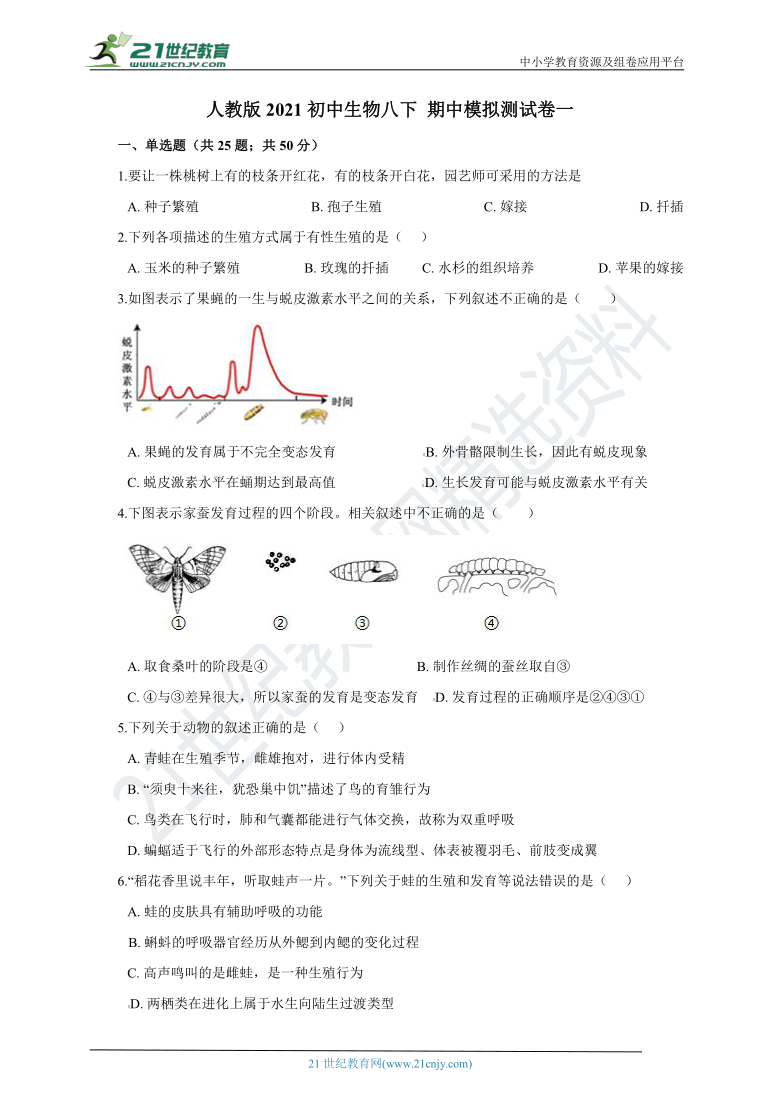 人教版2021初中生物八下 期中模拟测试卷一（含解析）