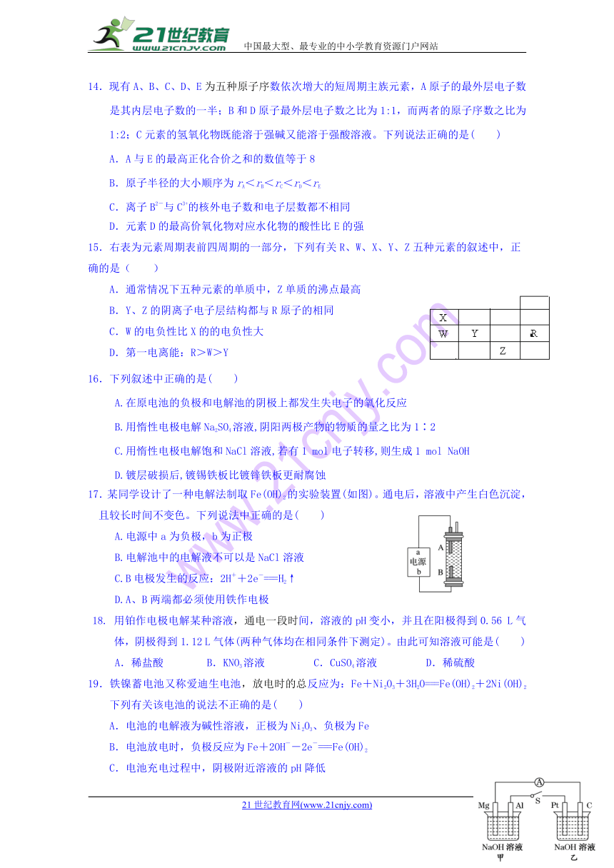 甘肃省嘉峪关市酒钢三中2017-2018学年高二下学期期中考试化学（理科）试题