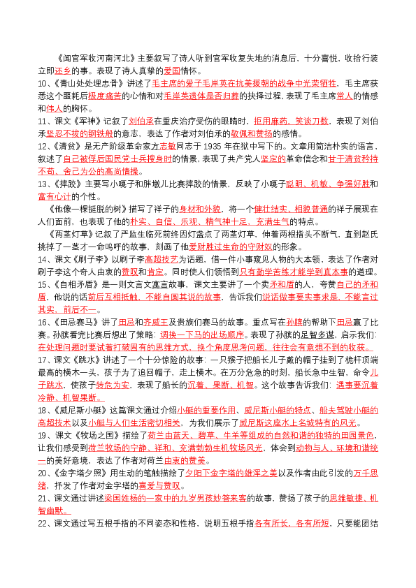 统编版教材五年级语文下册全册课文主旨汇编（练习+答案）