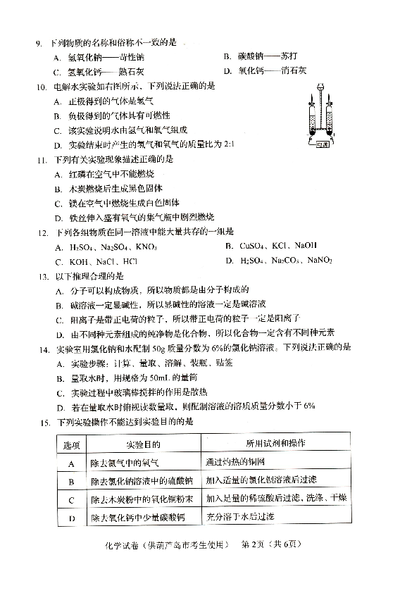 2019年辽宁省葫芦岛市中考化学试题（图片版，含答案）