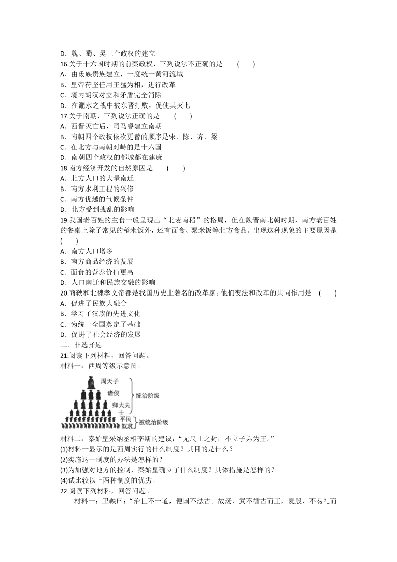 2020-2021学年人教版历史七年级上册专项突破试卷及答案（专项一先秦至南北朝的政治经济）