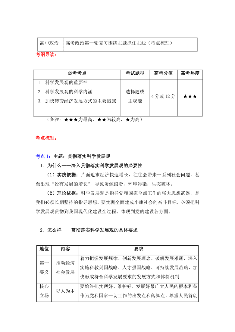 高考政治第一轮复习围绕主题抓住主线（考点梳理）统编版 学案