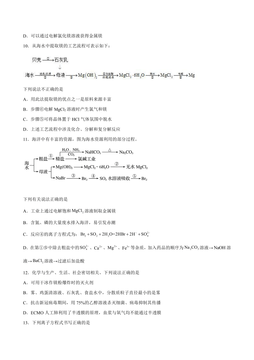 2021-2022学年高一上学期化学苏教版（2019）必修第一册专题3 第三单元海洋化学资源的综合应用 同步练习 （含解析）