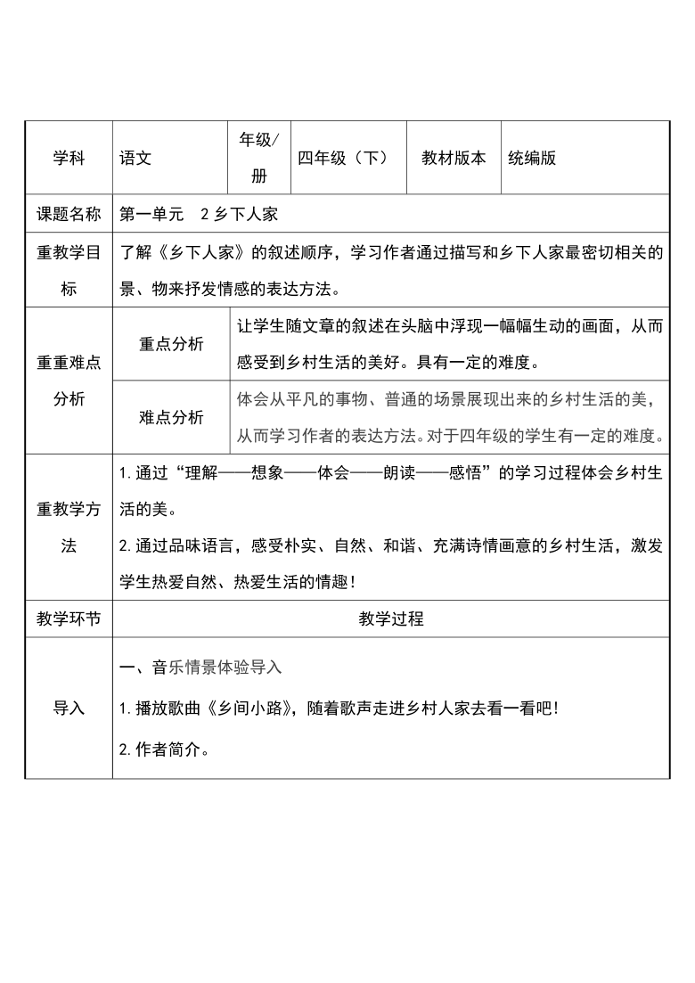 2 乡下人家   表格式教案