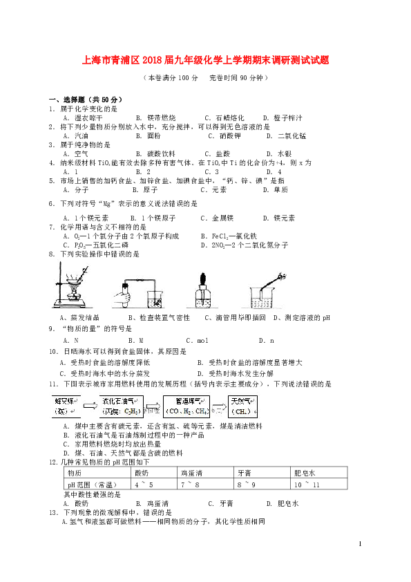 上海市青浦区2018届九年级化学上学期期末调研测试试题新人教版