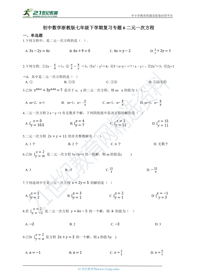 初中数学浙教版七年级下学期复习专题6二元一次方程（含解析）