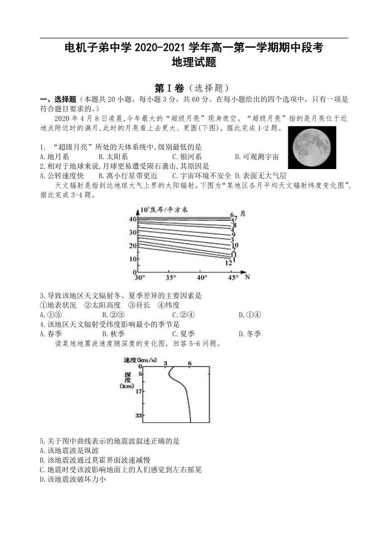 湖南省湘潭市电机子弟中学2020-2021学年高一第一学期期中段考地理试卷 Word版含答案