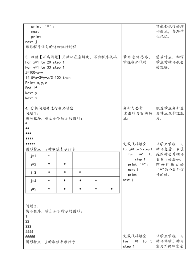 粤教版高中信息技术选修1 2.4.3 循环的嵌套 教案