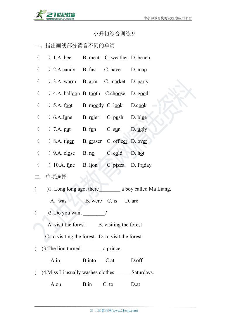 小升初英语综合训练9 通用版（含答案）