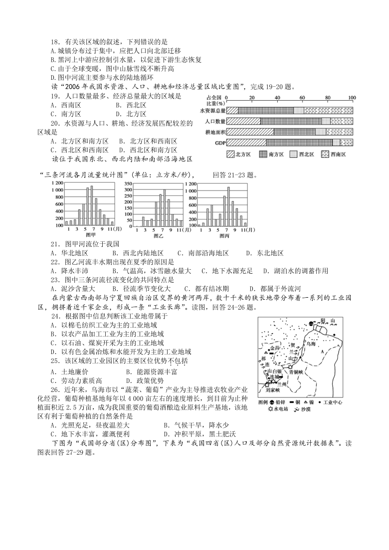 甘肃省民勤县第一中学2020-2021学年高二下学期3月第一次月考地理（文）试题 Word版含答案