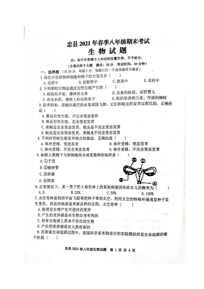 重庆市忠县2020-2021学年八年级下学期期末考试生物试题（图片版，含答案）