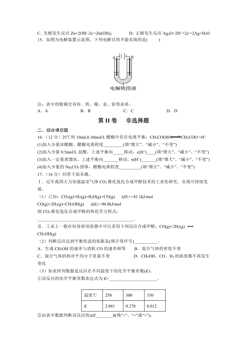 吉林省吉林市桦甸市第四高级中学2021-2022学年高二上学期期中考试化学试卷（Word版含答案）