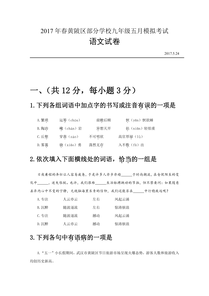 湖北省武汉市黄陂区部分学校2017届九年级5月模拟考试语文试题（含答案）