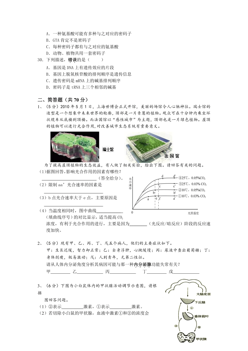 上海市重点中学11-12学年高二上学期期末考试 生命科学试题