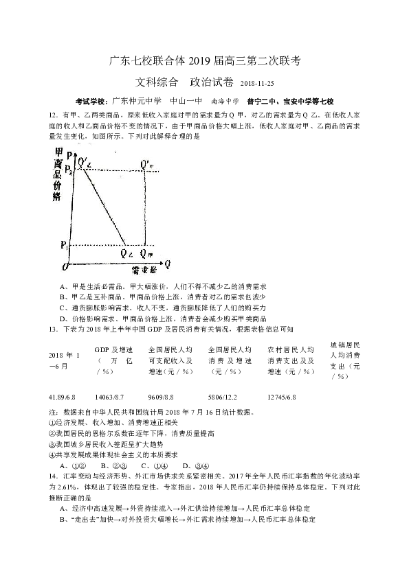 广东省中山一中等七校2019届高三第二次（11月）联考文综政治试题