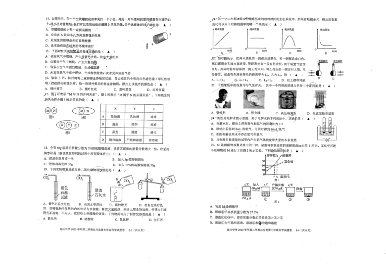 浙江省宁波市余姚市高风中学2020学年第二学期总分竞赛七年级科学试题卷（PDF版 含部分答案）