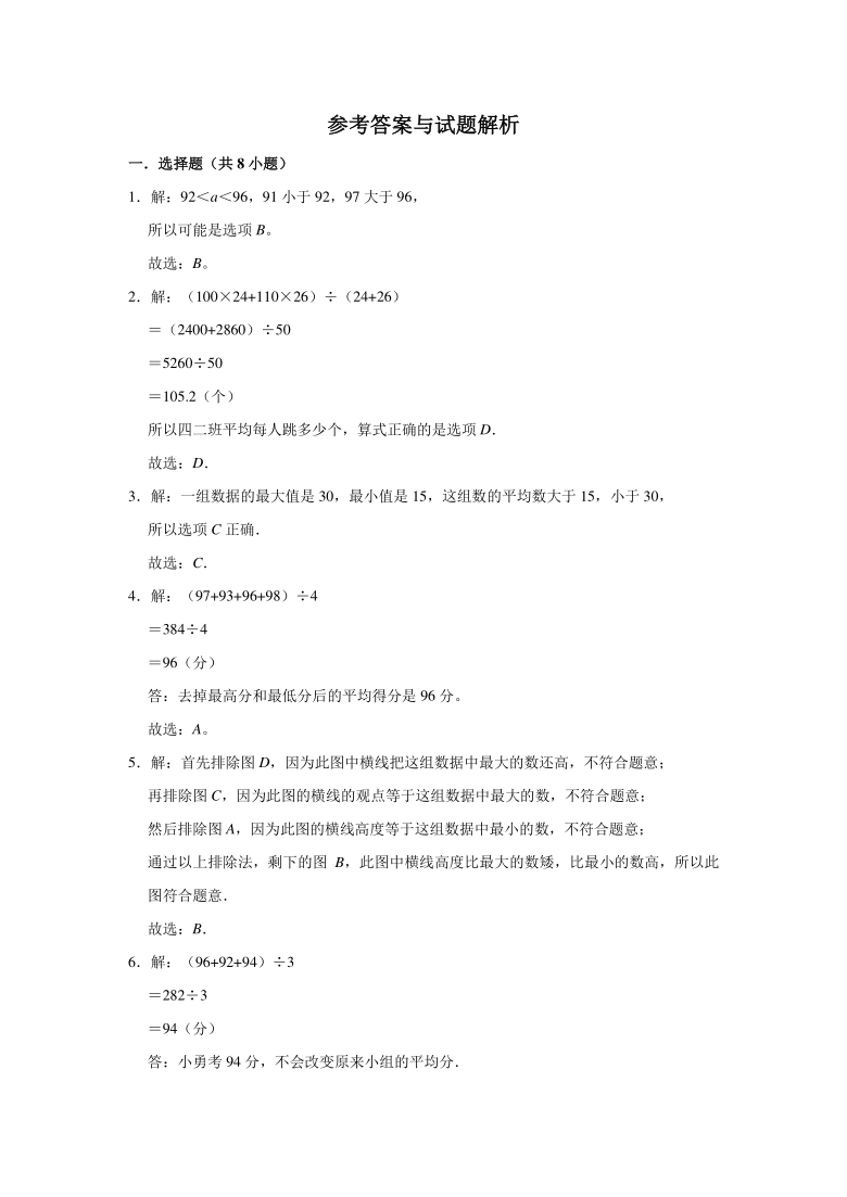 2020-2021学年人教版四年级数学下册《第8章 平均数与条形统计图》单元测试题（有答案）