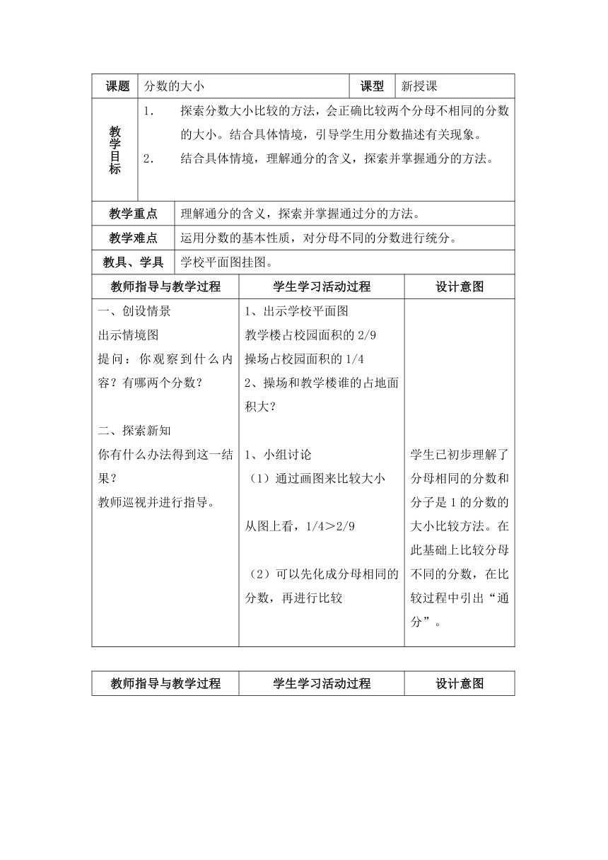 数学五年级上北师大版5.9分数的大小表格式教案