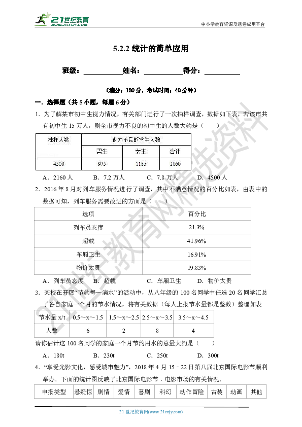 5.2.2 统计的简单应用 试卷