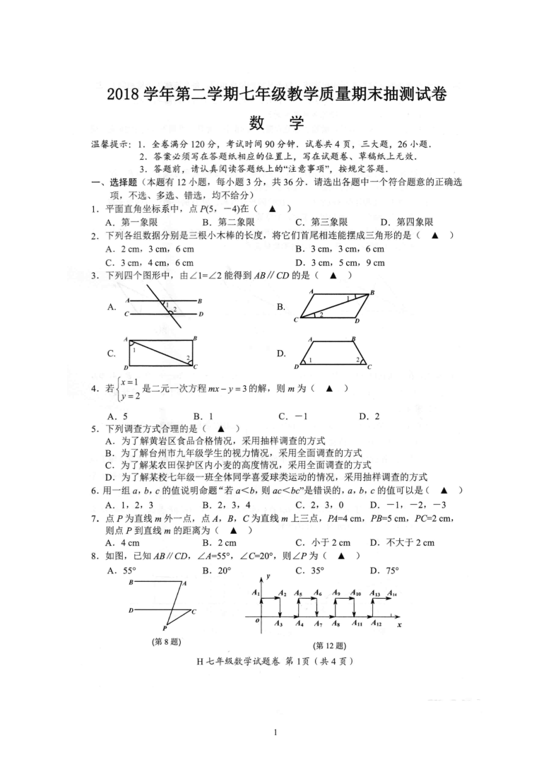 浙江省台州市黄岩区2018-2019学年第二学期七年级教学质量期末抽测数学试卷（扫描版含答案 答题卡）