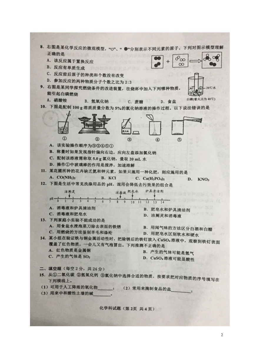 海南省琼中县2018年中考化学模拟考试试题（二）（扫描版）