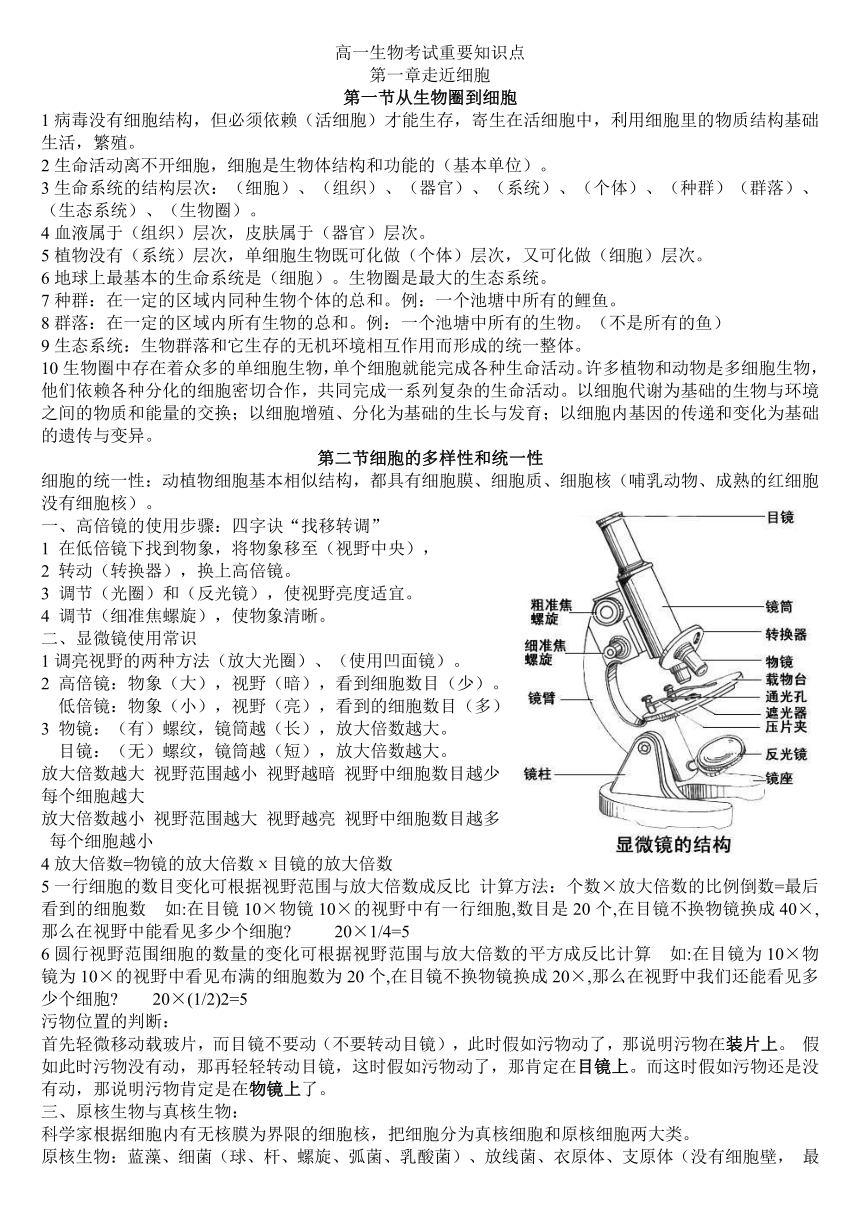 2019人教版高中生物必修1最新重要知识点总结