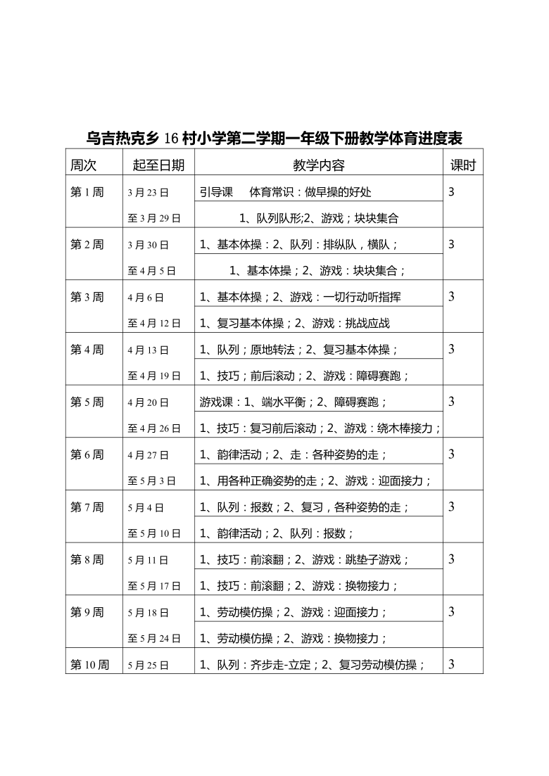 人教版 小学一年级下册体育 教案+进度表