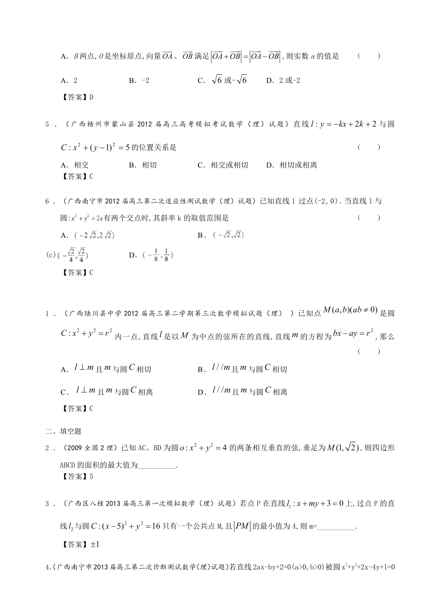 广西省2013届高三理科数学试题精选（6年高考(大纲版)+2年模拟）分类汇编8：直线与圆