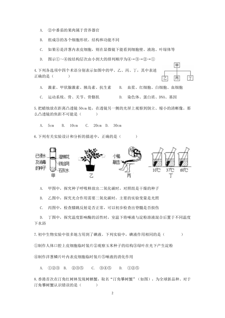 浙江省杭州市滨江区杭二白马湖中学2019-2020学年第二学期九年级科学开学测试【word 含答案】