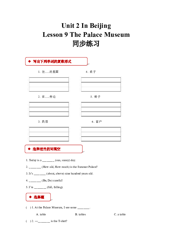 Lesson 9 The Palace Museum 同步练习（含答案）