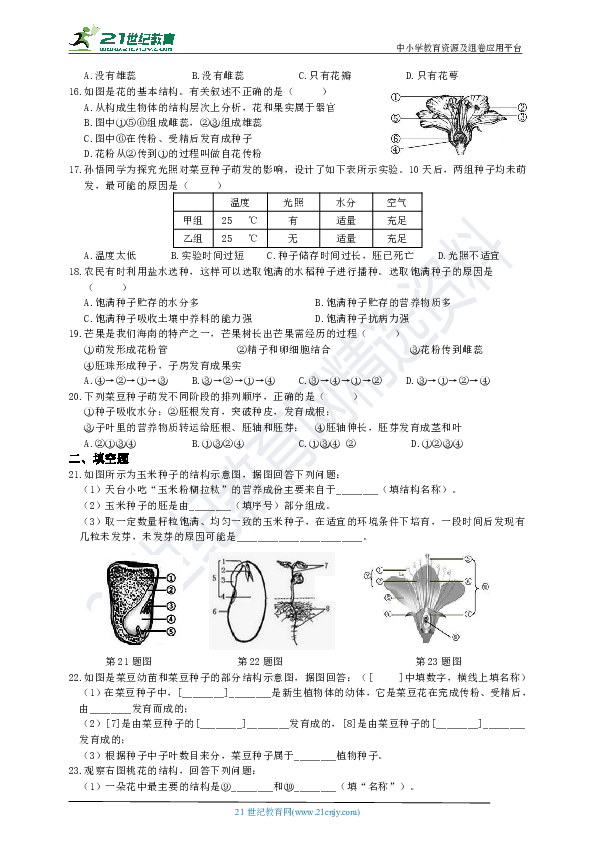 浙教版科学  七年级下册同步练习   1.4 植物的一生（解析版）