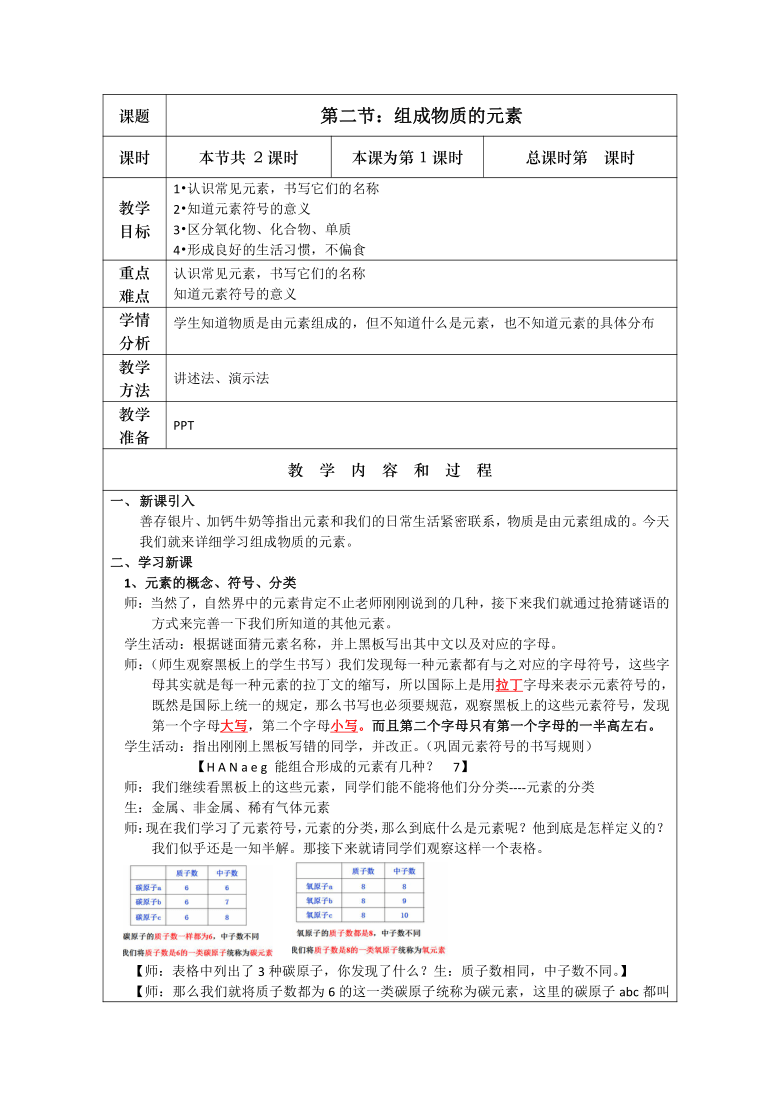 沪教版九年级上册化学3.2 组成物质的化学元素  教案