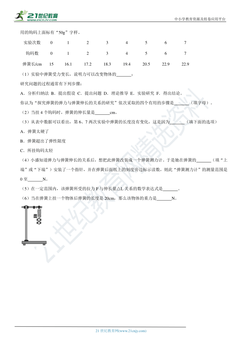 7.3 弹力 弹簧测力计-2020-2021学年八年级物理下册高频易错必刷题（教科版）