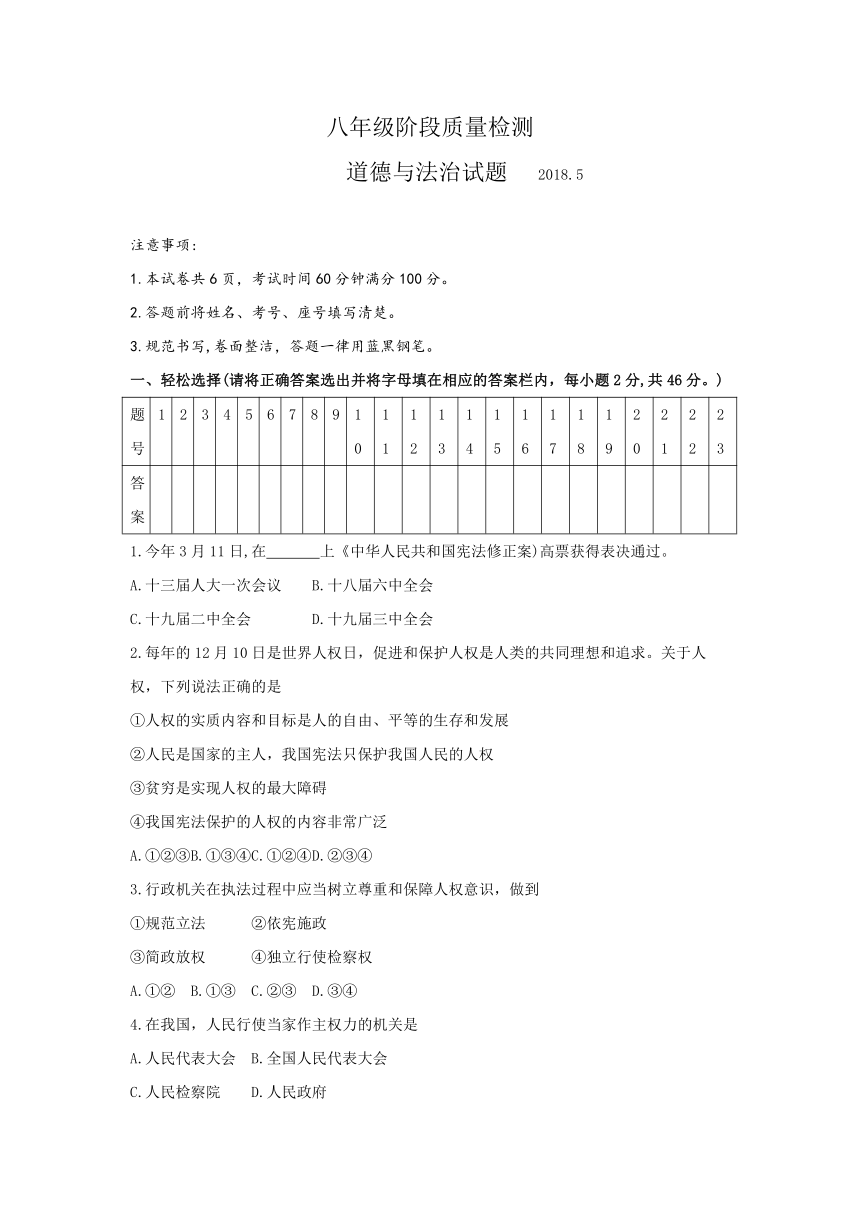 山东省临沂市费县2017-2018学年八年级下学期期中考试道德与法治试题(含答案）