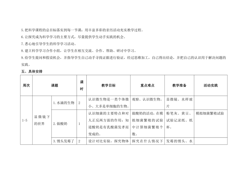 苏教版小学科学六年级上册教学计划