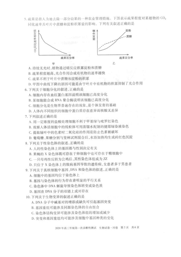 新疆乌鲁木齐市2020届高三上学期第一次诊断性测试生物试题 PDF版含答案