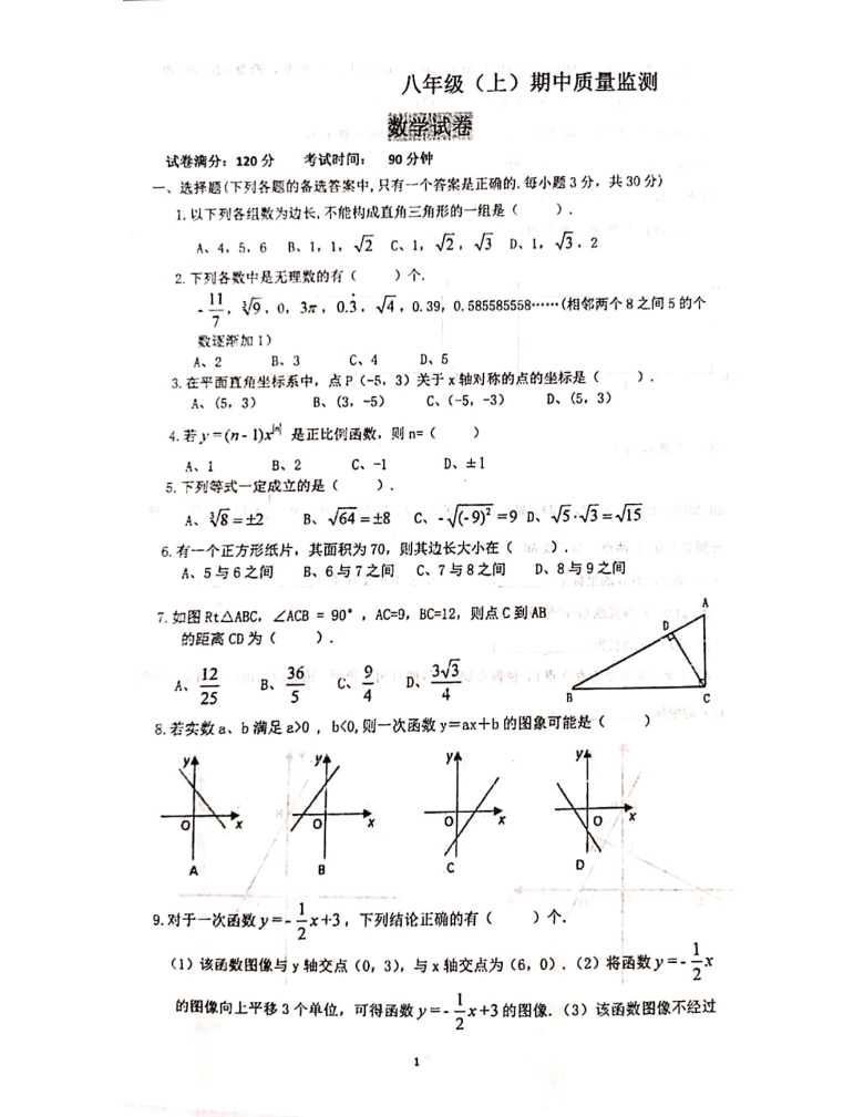 辽宁省沈阳市第43中八年级上学期数学期中试卷（PDF版，无答案）