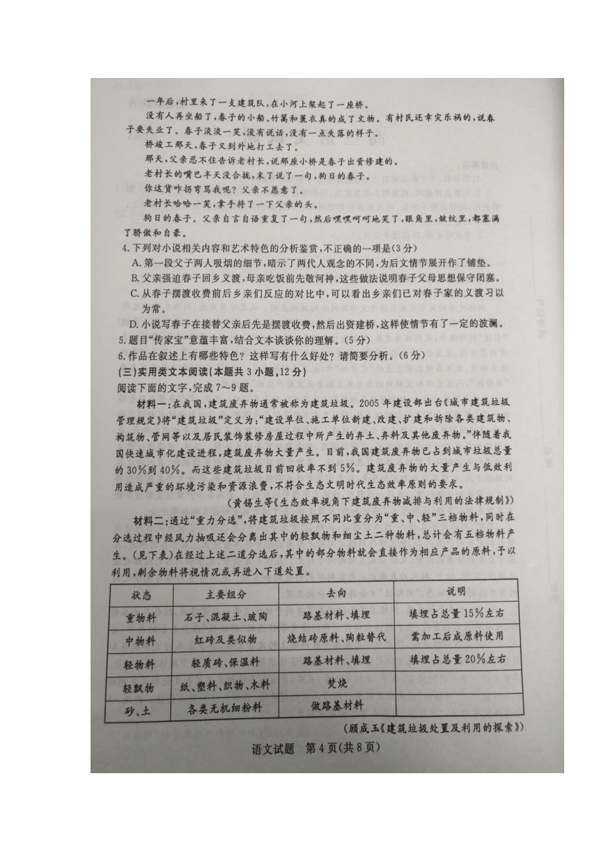 2018山东滨州二模语文试题 扫描版含答案