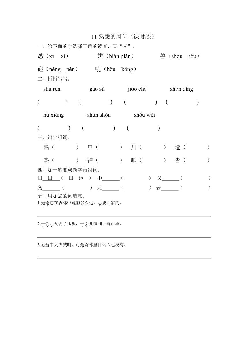 小学语文湘教版二年级下册同步练习（含答案）：11熟悉的脚印