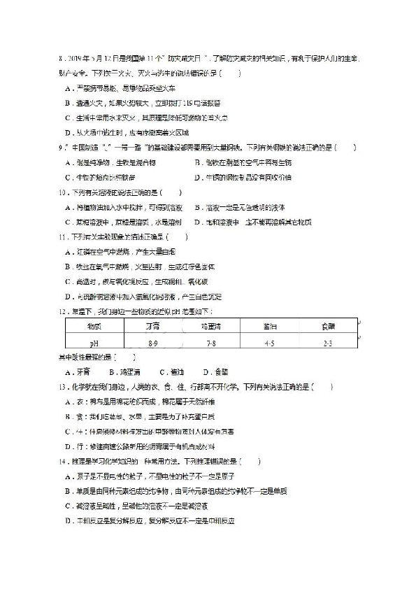 2019年湖南省长沙市中考理综化学试题（扫描版，含答案）