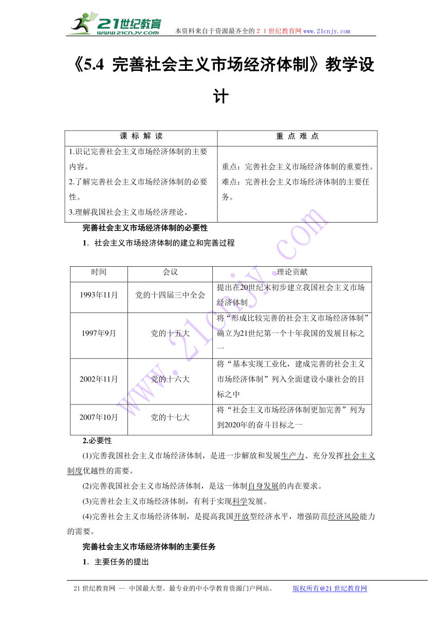 5.4 完善社会主义市场经济体制 教学设计