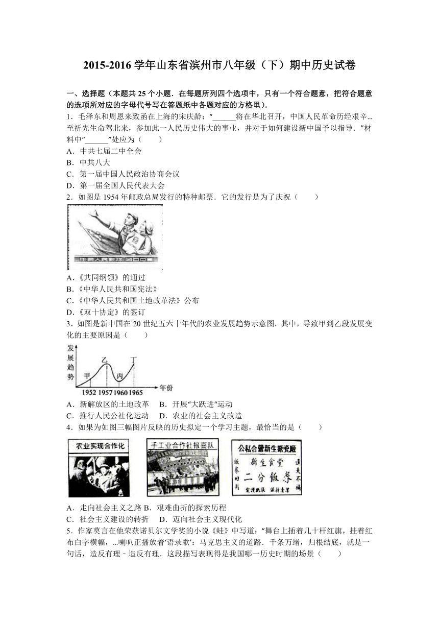 山东省滨州市2015-2016学年八年级（下）期中历史试卷（解析版）