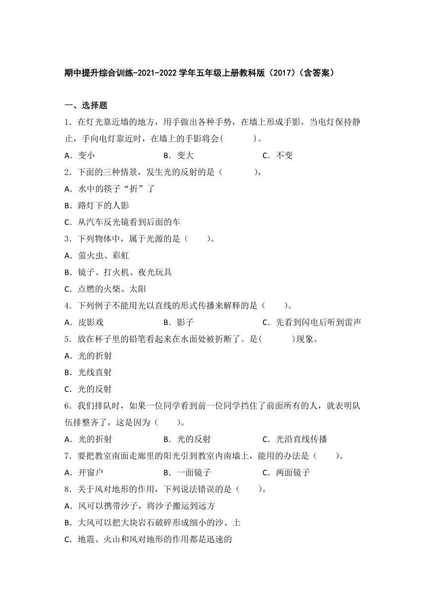 2021-2022学年五年级上册教科版 （2017）期中提升综合训练-（含答案）