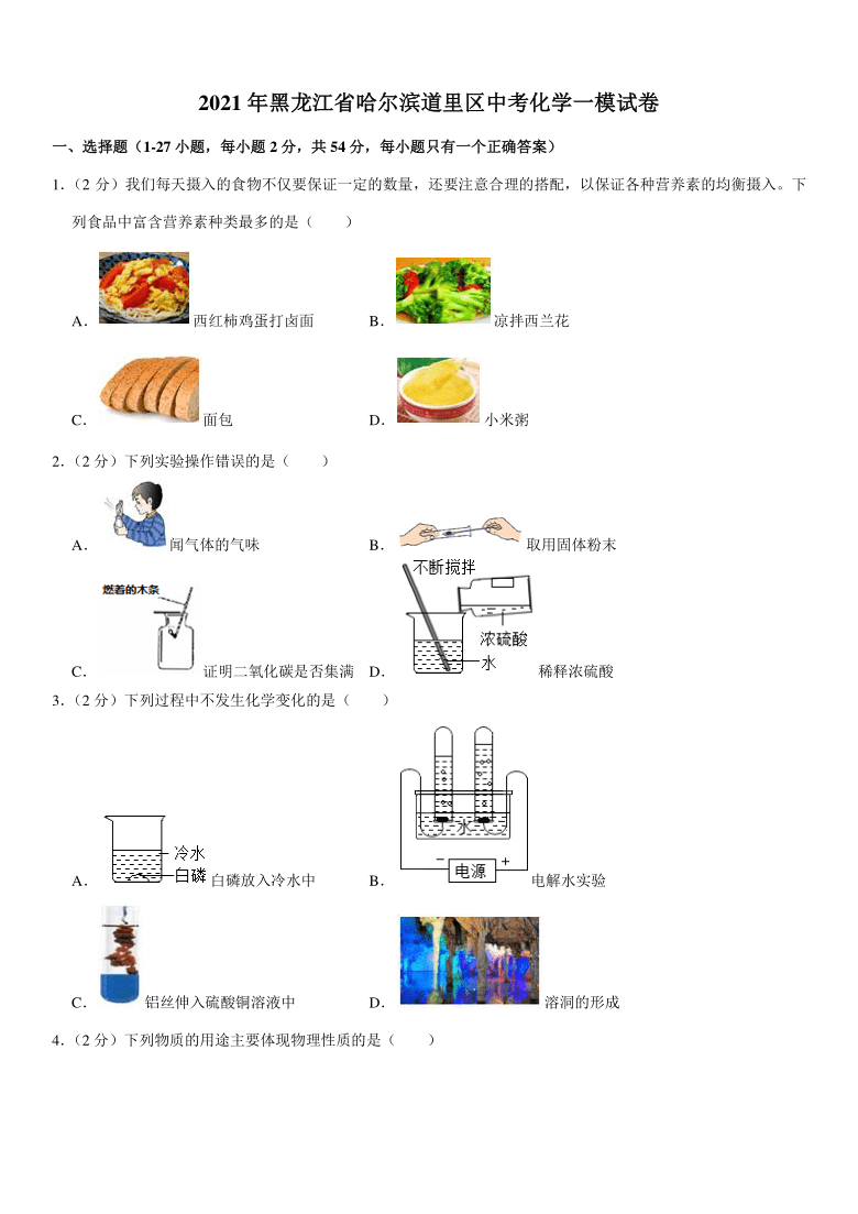 2021年黑龙江省哈尔滨道里区中考化学一模试卷（Word+解析答案）