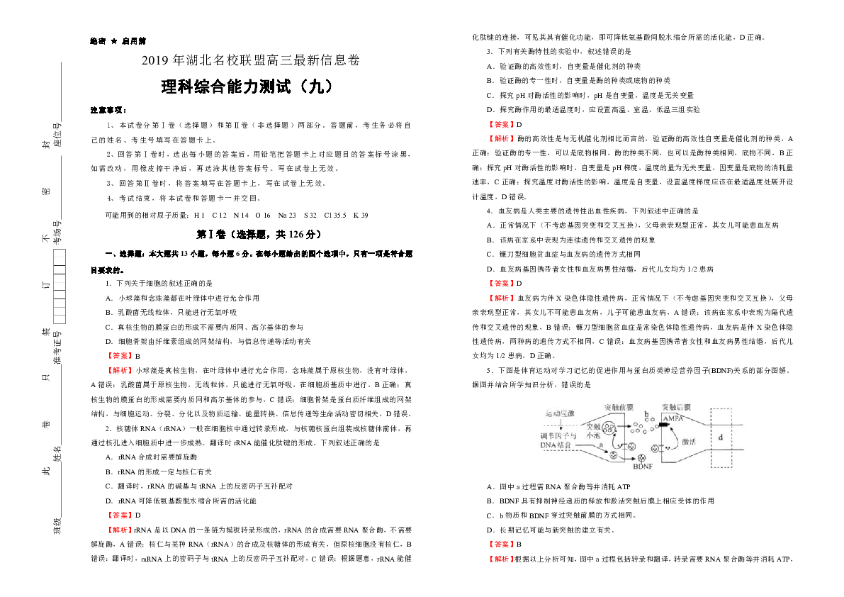 2019年湖北名校联盟高三最新信息卷理综（九）解析版